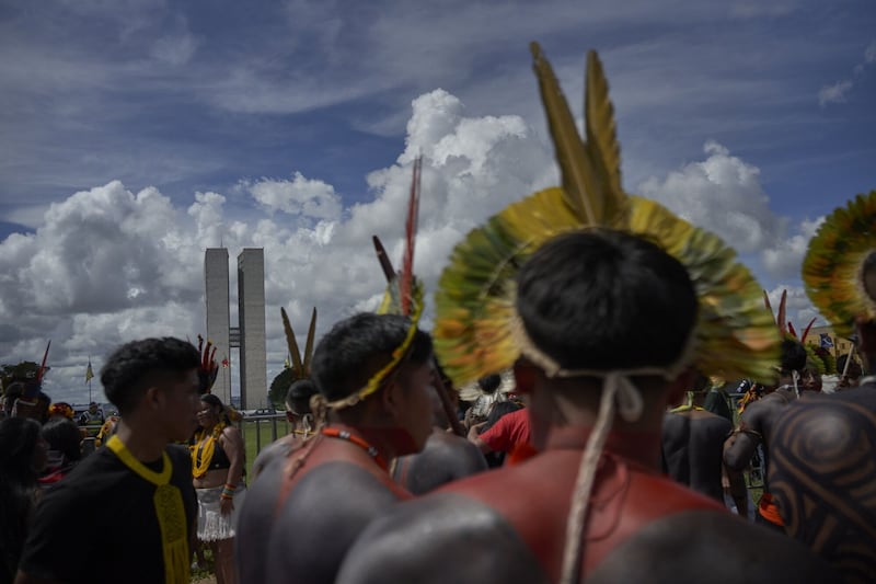 Indigenous demonstrators at the Terra Livre Encampment outside the National Congress in Brasilia, Brazil. Bloomberg