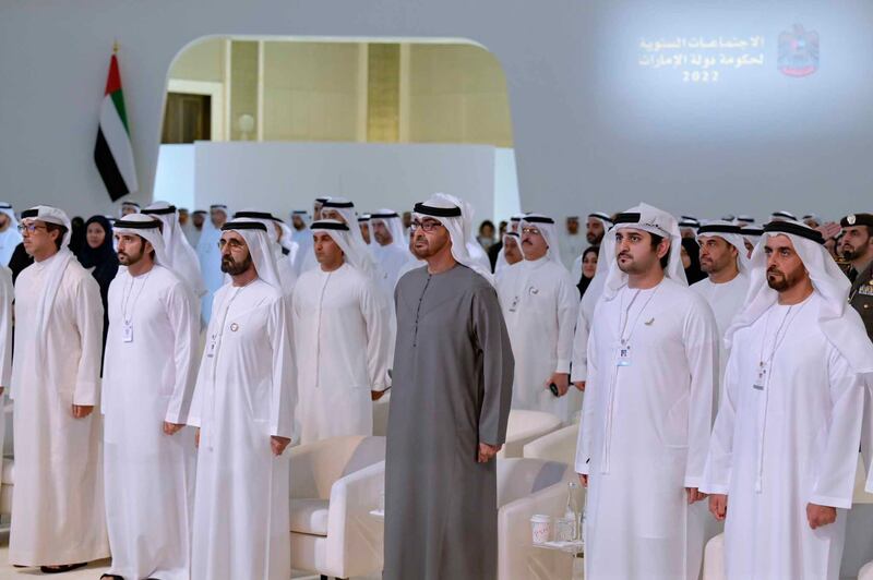 President Sheikh Mohamed and Sheikh Mohammed bin Rashid, Prime Minister and Ruler of Dubai, at the annual government meeting of senior officials. Photo: @HHShkMohd / Twitter