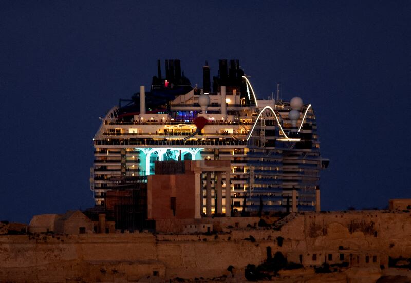 The MSC World Europa cruise ship passes behind Fort Ricasoli, where the ancient Rome set for Ridley Scott's 'Gladiator 2' is situated, as it departs from Grand Harbour in Valletta, Malta. Reuters