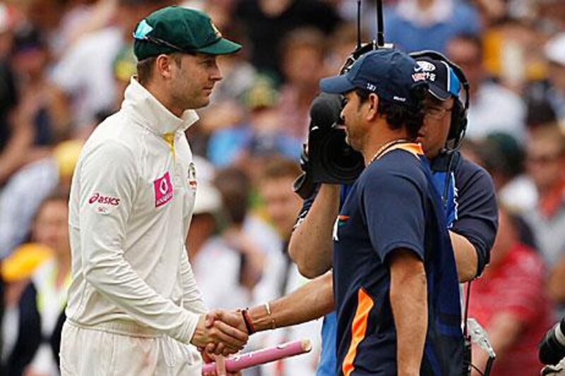 Sachin Tendulkar congratulates Michael Clarke at the end of the Test match.