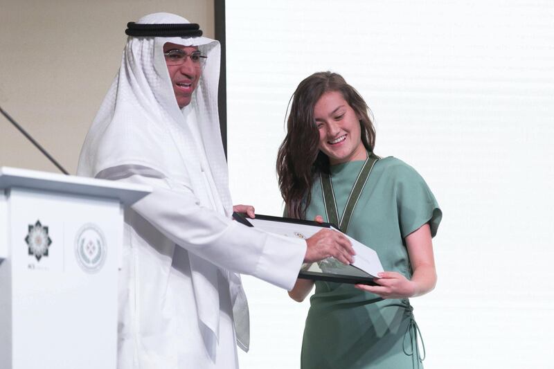 ABU DHABI, UNITED ARAB EMIRATES - May 16 2019.

Dr Abdullah Zamzam awards American Community School student, Hannah Watkins (Gr 11), the 2nd Haitham Zamzam Al Hammadi Medal of International Friendship.
 
Launched in 2018, the Haitham Zamzam Al Hammadi Medal of International Friendship is an annual award given to one Junior ACS student for their contribution related to productive and positive global citizenry.

(Photo by Reem Mohammed/The National)

Reporter: 
Section: NA