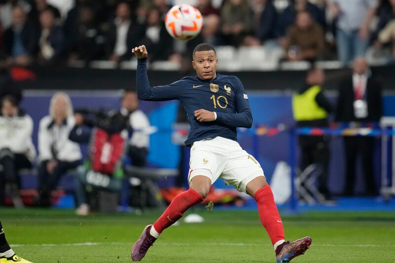 France's Kylian Mbappe shoots on goal. AP Photo