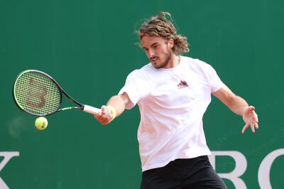 MONTE-CARLO, MONACO - APRIL 11: Stefanos Tsitsipas of Greece plays a forehand during a training session on day 2 of the Rolex Monte-Carlo Masters at Monte-Carlo Country Club on April 11, 2021 in Monte-Carlo, Monaco. (Photo by Alexander Hassenstein/Getty Images)