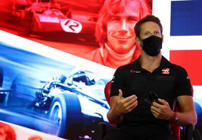 NORTHAMPTON, ENGLAND - JULY 30: Romain Grosjean of France and Haas F1 talks in the Drivers Press Conference during previews ahead of the F1 Grand Prix of Great Britain at Silverstone on July 30, 2020 in Northampton, England. (Photo by Bryn Lennon/Getty Images)
