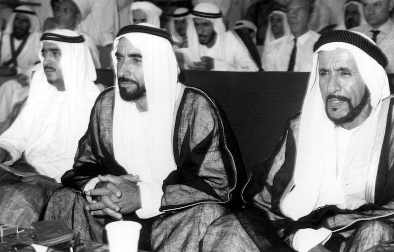 Sheikh Zayed Bin Sultan Al Nahyan during his attendance at the annual Grand Sports Festival held by Abu Dhabi Knowledge Department in the presence of His Highness Sheikh Khalifa Bin Zayed Al Nahyan and Sheikh Mohammed Bin Khalifa Al Nahyan, May 27, 1969.