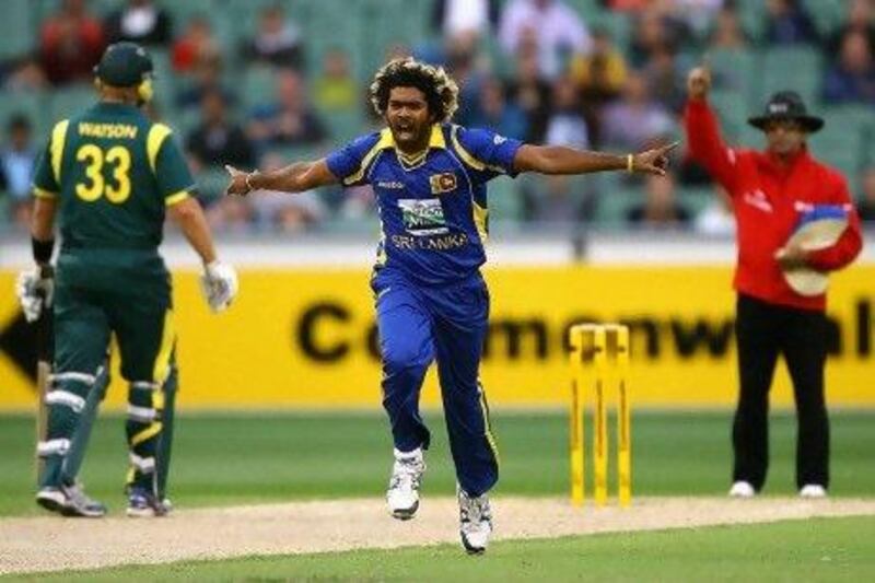 Lasith Malinga of Sri Lanka celebrates taking the wicket of Peter Forrest during Sri Lanka's victory over Australia in Melbourne.