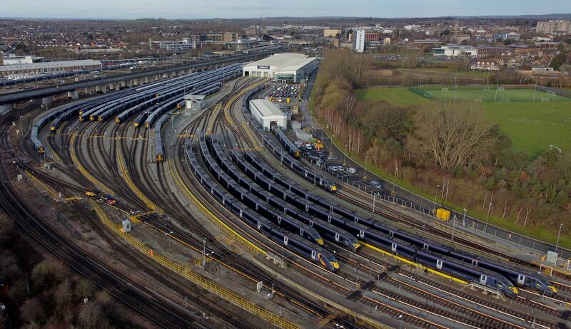 Trains in sidings at Ashford international station in Kent. PA