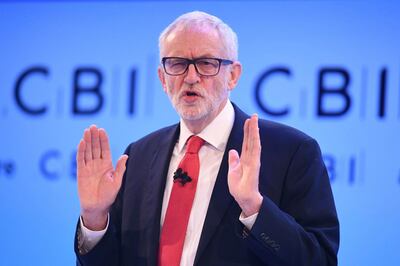 Labour leader Jeremy Corbyn speaks at the Confederation of British Industry (CBI) annual conference at the InterContinental Hotel in London, Monday, Nov. 18, 2019. The leaders of Britainâ€™s three biggest national political parties were making election pitches Monday to business leaders who are skeptical of politiciansâ€™ promises after years of economic uncertainty over Brexit. (Stefan Rousseau/PA via AP)