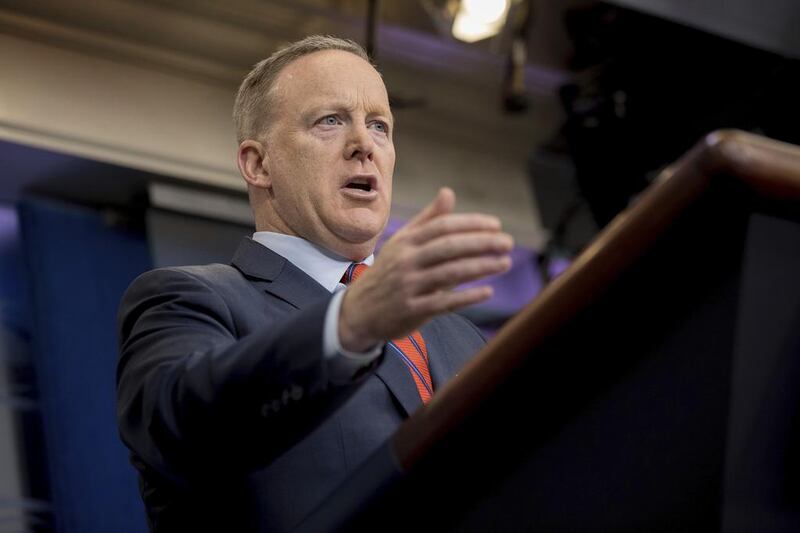White House press secretary Sean Spicer has apologised for comparing the Holocaust to Syrian president Bashar Al Assad’s use of chemical weapons. His comments drew strong rebuke from Jewish groups and critics. Andrew Harni/AP Photo