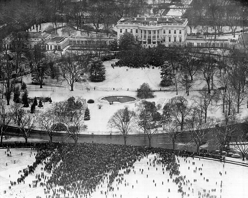 An aerial view of the crowd gathered outside the White House to attend Franklin D Roosevelt's fourth inaugural speech on January 20, 1945. Getty Images
