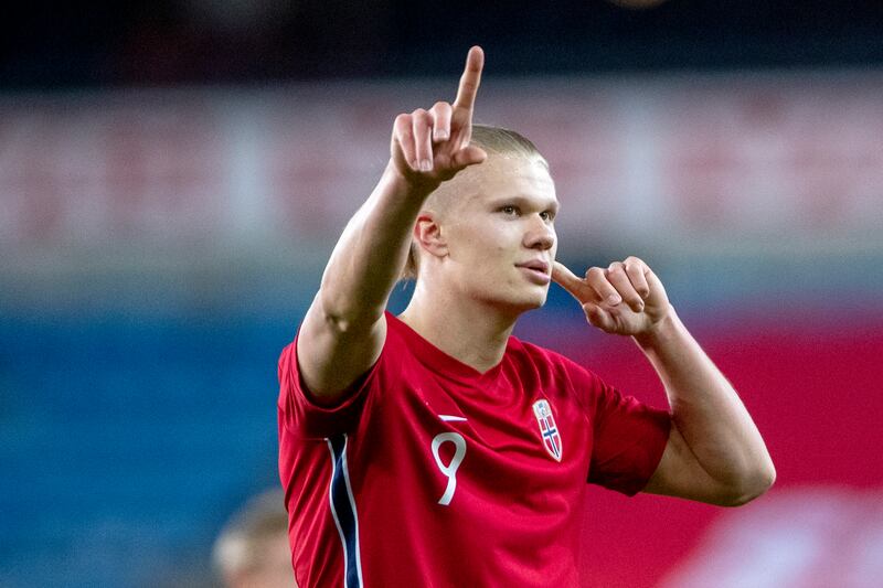 Erling Haaland cheers during the international friendly match between Norway and Slovakia in March, 2022. AP