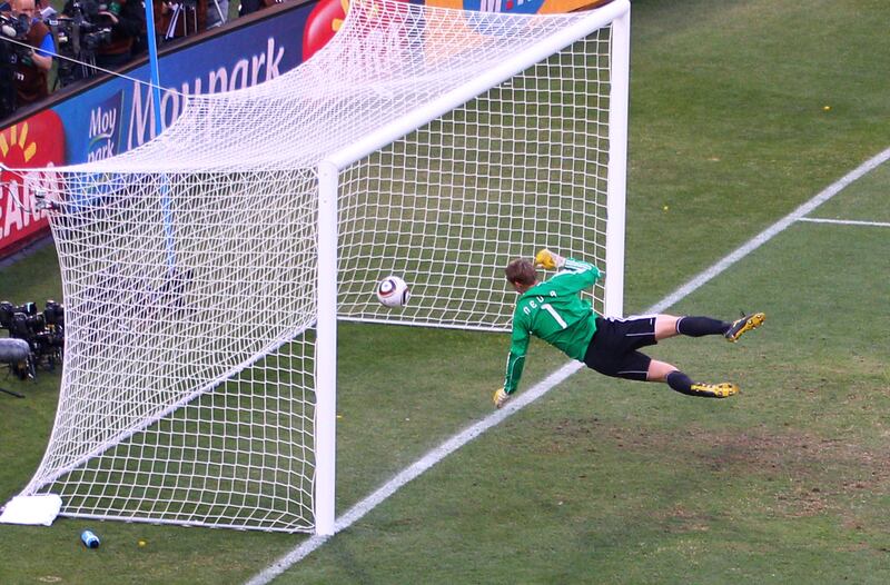 The goal that never was. Frank Lampard saw this shot cross the line against old rivals Germany at the 2010 World Cup, but the goal wasn't given. Germany went on to win the game 4-1, and England were out.
