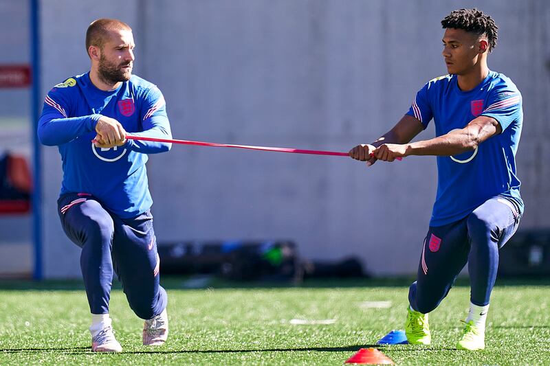 Kyle Walker and Ollie Watkins of England during the training session.