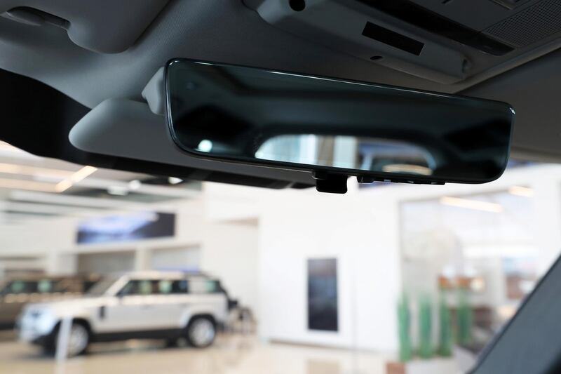 DUBAI, UNITED ARAB EMIRATES , June 27 – 2020 :- Rear view mirror of the Land Rover Defender SE model at the Land Rover Defenders showroom on Sheikh Zayed Road in Dubai. (Pawan Singh / The National) For Motoring. Story by Simon