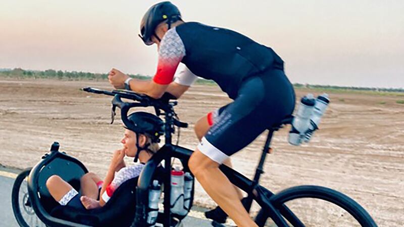 Nick Watson and son Rio during their epic cycling challenge. Photo: Nick Watson