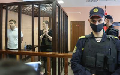Belarus opposition activists Maxim Znak (left) and Maria Kolesnikova in court in Minsk, Belarus. BelTA pool/AP