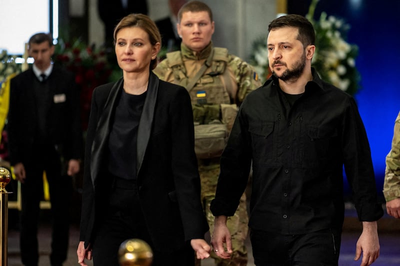 Ukrainian President Volodymyr Zelenskyy and his wife Olena Zelenska attend the funeral of the country's first president, Leonid Kravchuk, in Kyiv on May 17. Reuters