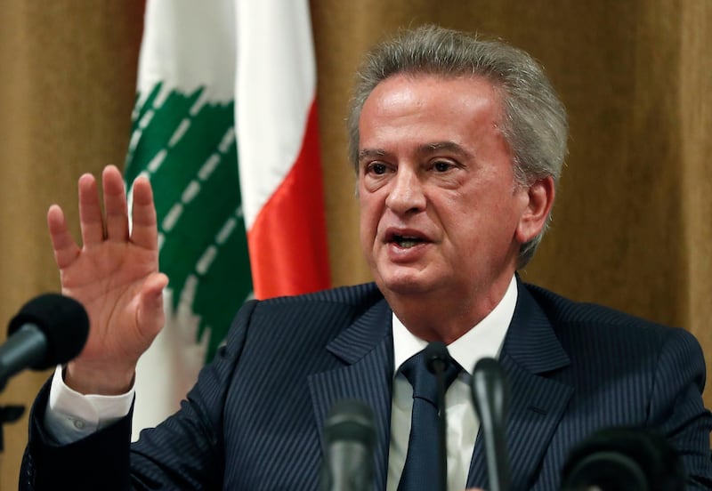 Riad Salameh the governor of Lebanon's Central Bank, speaks during a press conference, in Beirut, Lebanon, Monday, Nov. 11, 2019. Salameh pledged to safeguard the stability of the Lebanese currency and said the bank has taken measures to protect deposits. Salameh said at the press conference that the central bank will keep defending the currency peg, which has been stable since 1997. (AP Photo/Hussein Malla)