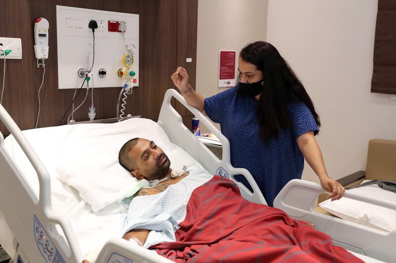 Nihal Hingst with his wife Candida Karthikeyan are facing a Dh1.3m medical bill after Nihal had a motorcycle accident. Pawan Singh/The National