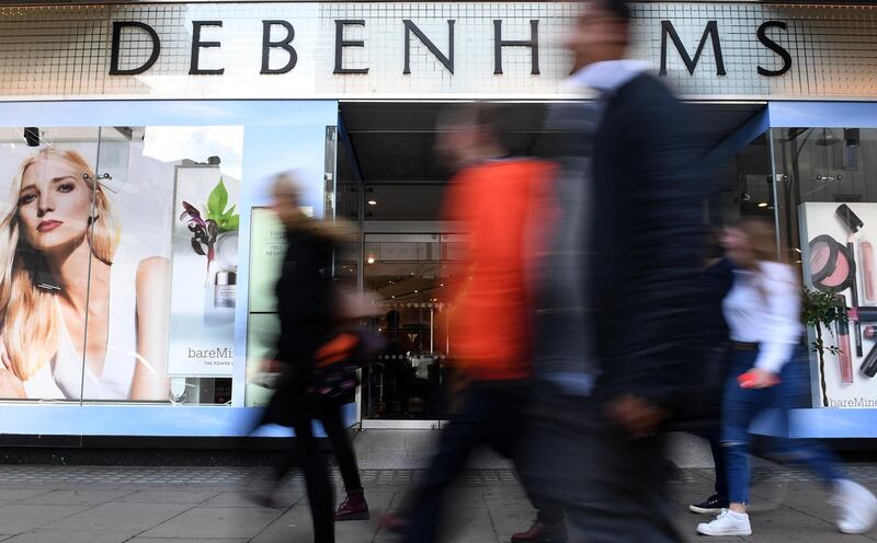 epa07493676 (FILE) - Pedestrians pass a Debenhams store in Oxford Street in London, Britain, 25 October 2018 (reissued 09 April 2019). Reports on 09 April 2019 state Debenhams may be close to administration after rejecting an offer valued at 200 million pounds by Sports Direct to invest in the company. Debenhams that employs 25,000 staff has 640 million pounds worth of debt and issued three profit warnings in 2018.  EPA/ANDY RAIN