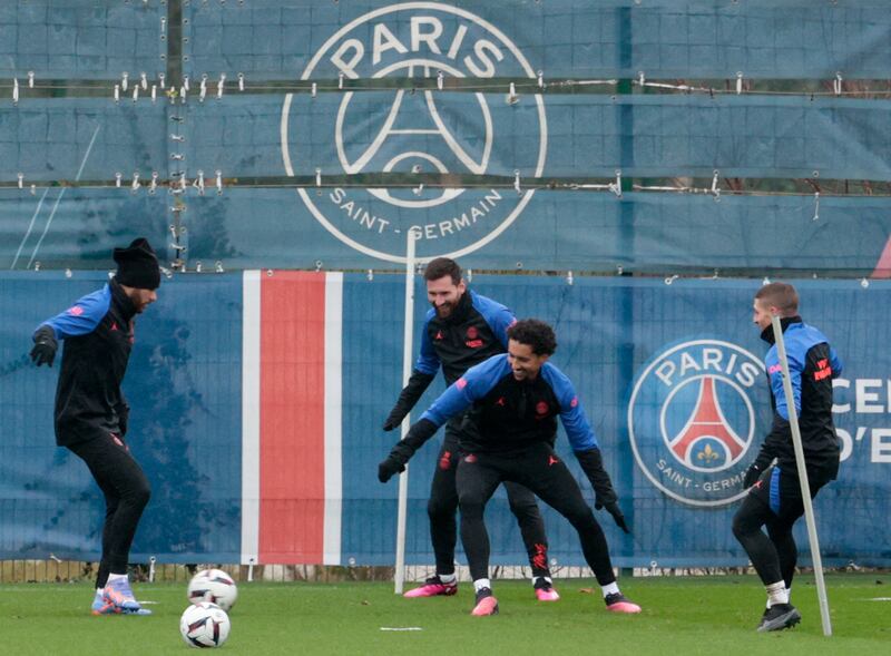 PSG's Neymar, Lionel Messi, Marquinhos and Marco Verratti during training. AFP