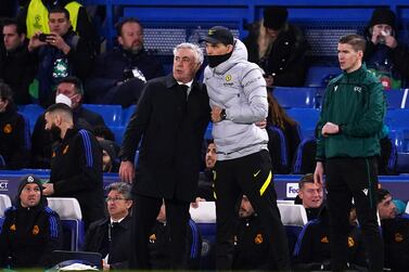 Real Madrid manager Carlo Ancelotti (left) and Chelsea manager Thomas Tuchel after the final whistle in the UEFA Champions League quarter-final, first leg match at Stamford Bridge, London. Picture date: Wednesday April 6, 2022.