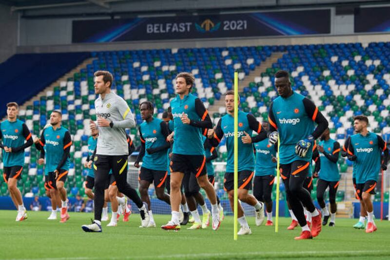 Chelsea players during their training session in Belfast.