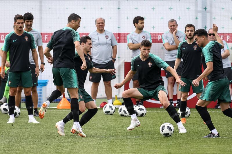 From left, Portugal's Andre Silva, Cristiano Ronaldo, Cedri Soares, Ruben Dias, Bernardo Silva and Pepe during the training session at the Kratovo training camp, which will be the Team Base Camp during the FIFA World Cup 2018 in Russia, Ramensky, Moscow, Russia, on June 19, 2018. Paulo Novais / EPA