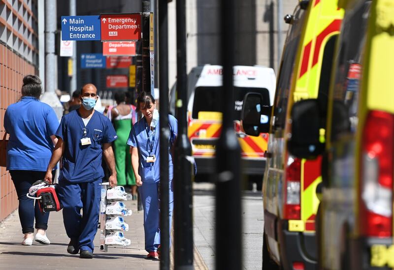 NHS staff outside the Royal London hospital. EPA