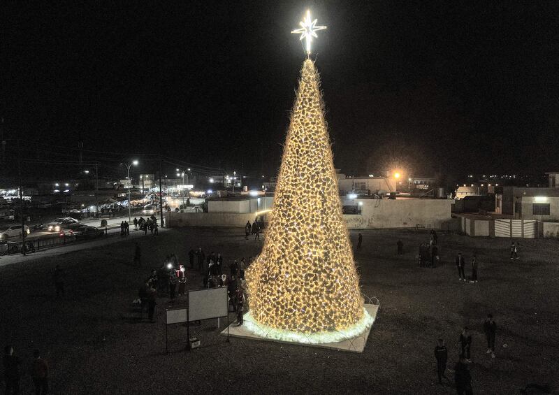 An aerial view of the Christmas tree in Qaraqosh, with the Christmas star on top. AFP