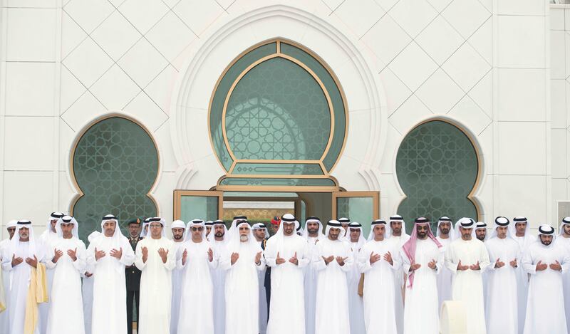 ABU DHABI, UNITED ARAB EMIRATES - September 01, 2017: (L-R) HH Sheikh Nahyan bin Mubarak Al Nahyan, UAE Minister of Culture and Knowledge Development, HH Sheikh Khaled bin Zayed Al Nahyan, Chairman of the Board of Zayed Higher Organization for Humanitarian Care and Special Needs (ZHO), HH Sheikh Abdullah bin Zayed Al Nahyan, UAE Minister of Foreign Affairs and International Cooperation, HH Sheikh Mansour bin Zayed Al Nahyan, UAE Deputy Prime Minister and Minister of Presidential Affairs, HH Sheikh Hazza bin Zayed Al Nahyan, Vice Chairman of the Abu Dhabi Executive Council, HE Dr Farouq Hammada, Islamic Consultant for the Crown Prince Court of Abu Dhabi, HH Sheikh Mohamed bin Zayed Al Nahyan, Crown Prince of Abu Dhabi and Deputy Supreme Commander of the UAE Armed Forces, HH Sheikh Nahyan Bin Zayed Al Nahyan, Chairman of the Board of Trustees of Zayed bin Sultan Al Nahyan Charitable and Humanitarian Foundation, HH Lt General Sheikh Saif bin Zayed Al Nahyan, UAE Deputy Prime Minister and Minister of Interior, HH Sheikh Tahnoon bin Zayed Al Nahyan, UAE National Security Advisor, HH Sheikh Hamed bin Zayed Al Nahyan, Chairman of the Crown Prince Court of Abu Dhabi and Abu Dhabi Executive Council Member, HH Sheikh Omar bin Zayed Al Nahyan, Deputy Chairman of the Board of Trustees of Zayed bin Sultan Al Nahyan Charitable and Humanitarian Foundation and HH Sheikh Abdullah bin Mohamed bin Khaled Al Nahyan, after Eid Al Adha prayers at the Sheikh Zayed Grand Mosque.

( Hamad Al Kaabi / Crown Prince Court - Abu Dhabi )
—