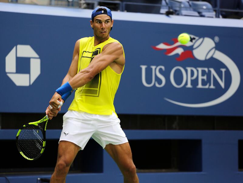 Rafael Nadal, of Spain, returns a shot during practice at the U.S. Open tennis tournament on Sunday, Aug. 27, 2017, in New York. The competition starts on Monday. (AP Photo Peter Morgan)