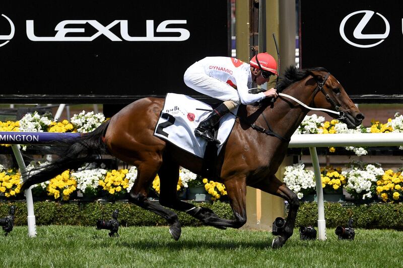 Nash Rawiller riding Teleplay to victory during the Jim Beam Stakes. Getty Images