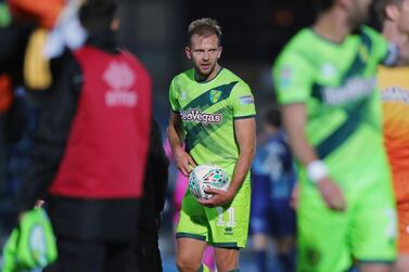 HIGH WYCOMBE, ENGLAND - SEPTEMBER 25: Jordan Rhodes of Norwich with the match ball after the final whistle during the Carabao Cup Third Round match between Wycombe Wanderers and Norwich City at Adams Park on September 25, 2018 in High Wycombe, England. (Photo by Alex Morton/Getty Images)