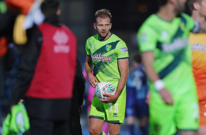 HIGH WYCOMBE, ENGLAND - SEPTEMBER 25:  Jordan Rhodes of Norwich with the match ball after the final whistle during the Carabao Cup Third Round match between Wycombe Wanderers and Norwich City at Adams Park on September 25, 2018 in High Wycombe, England.  (Photo by Alex Morton/Getty Images)