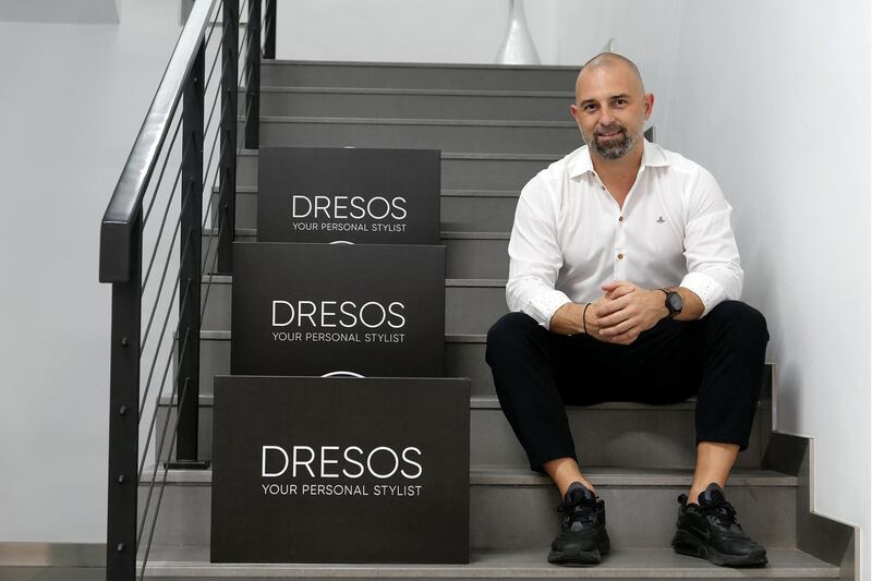 DUBAI, UNITED ARAB EMIRATES , March 17, 2021 – Vladimir Radojevic, Dresos founder and CEO with the company’s premium styling subscription boxes in Dubai. (Pawan Singh / The National) For Business. Story by Jennifer Gnana