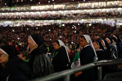 Nuns listens to Pope Francis as they attend the Festival of Families in Croke Park Stadium in Dublin, Ireland, Saturday, Aug. 25, 2018. Pope Francis is on a two-day visit to Ireland. (AP Photo/Matt Dunham)