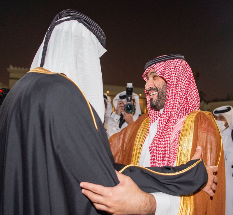 Crown Prince Mohammed bin Salman of Saudi Arabia with Sheikh Tamim Al Thani upon his arrival in Qatar. SPA