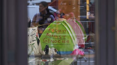 The New School faculty occupies the lobby as they set up a pro-Palestinian camp on Wednesday in New York City.  AFP
