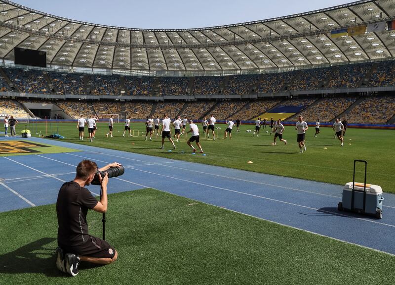 Shakhtar Donetsk's players train at the NSC Olimpiyskiy stadium.
