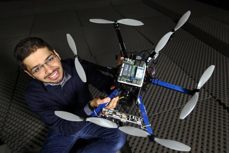 Talib Alhinai is part of a team studying innovative, occasionally outlandish uses for drones, including one that can ‘3D-print’ while hovering in mid-air. Stephen Lock for The National 