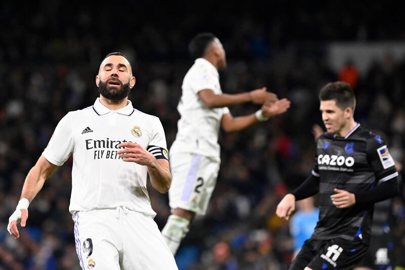 Karim Benzema cuts a frustrated figure during the match between Real Madrid and Real Sociedad. AFP