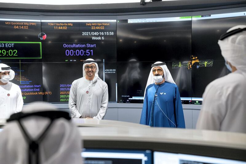 DUBAI, UNITED ARAB EMIRATES - February 09, 2021: HH Sheikh Mohamed bin Zayed Al Nahyan, Crown Prince of Abu Dhabi and Deputy Supreme Commander of the UAE Armed Forces (3rd R) and HH Sheikh Mohamed bin Rashid Al Maktoum, Vice-President, Prime Minister of the UAE, Ruler of Dubai and Minister of Defence (2nd R), witness the arrival of the Hope Probe in the orbit of Mars, at Mohammed Bin Rashid Space Centre. Seen with HH Sheikh Hamdan bin Mohamed Al Maktoum, Crown Prince of Dubai (L).

( Mohamed Al Hammadi / Ministry of Presidential Affairs )
---