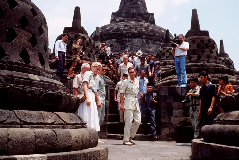 Prince Charles during his tour of Borobudur Temple, East Java, Indonesia, in 1989. 