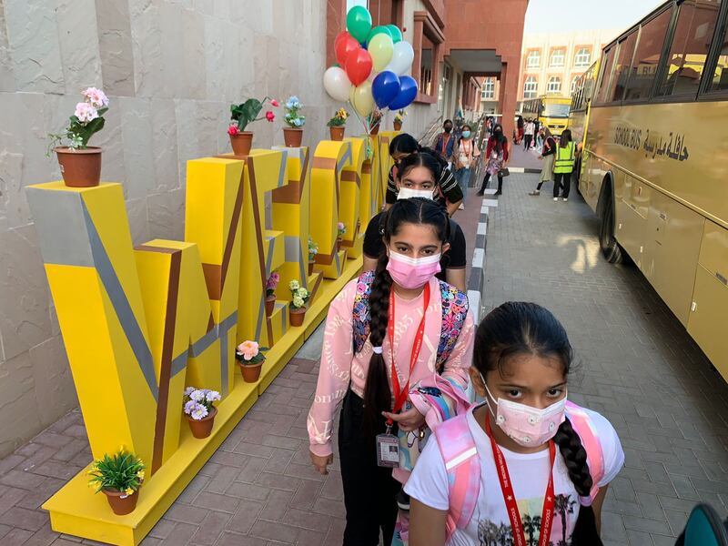 Pupils at The Indian High School, the UAE's largest school,   return to class after the summer holidays on Monday. Pawan Singh / The National