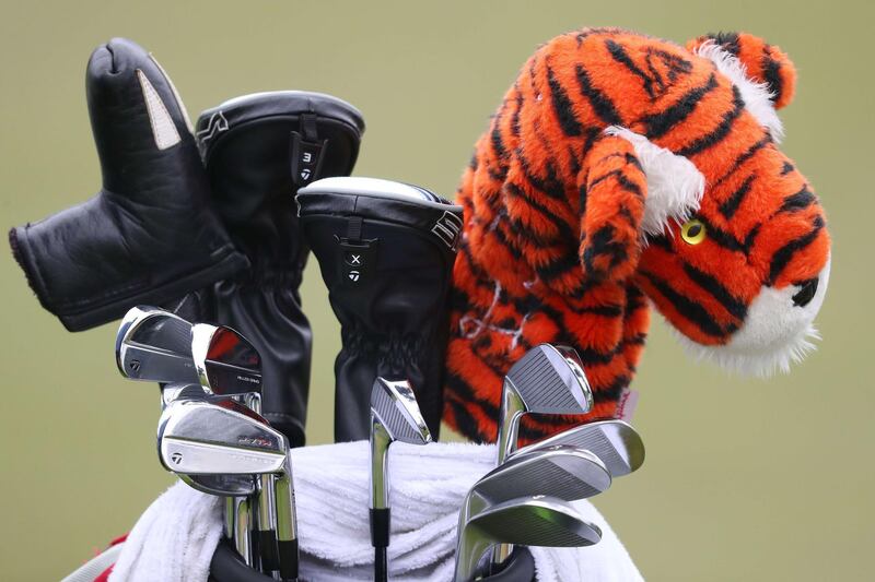 Tiger Woods' bag during a practice round prior to the 2020 PGA Championship at TPC Harding Park. AFP
