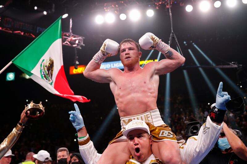 Canelo Alvarez, of Mexico, celebrates after defeating Caleb Plant by TKO in a super middleweight title unification fight. AP Photo