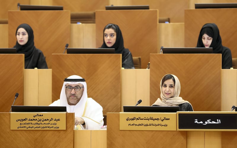 ABU DHABI , UNITED ARAB EMIRATES ,  November 20 , 2018 :- Left to Right - Abdul Rahman Bin Mohammed Al Owais , Minister of Health , UAE and Jameela bint Salem Al Muhairi , Cabinet Member and Minister of State for Public Education, UAE during the Federal National Council session held at FNC office in Abu Dhabi. ( Pawan Singh / The National )  For News. Story by Haneen
