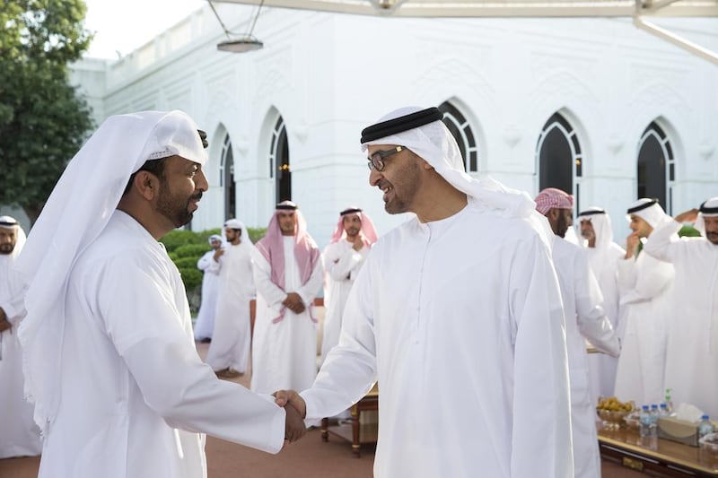 Sheikh Mohammed bin Zayed, Crown Prince of Abu Dhabi and Deputy Supreme Commander of the Armed Forces, greets an Armed Forces servicemen injured while serving the armed forces in Yemen. Seen during a Sea Palace barza. Ryan Carter / Crown Prince Court - Abu Dhabi
