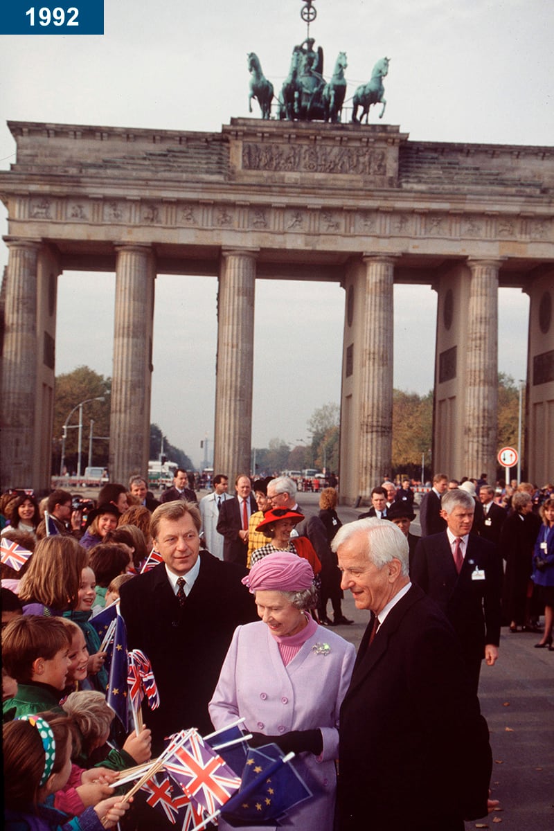 1992: The queen at the Brandenburg Gate in Berlin during an official tour of Germany. She is seen with President Richard Von Weizsaecker.